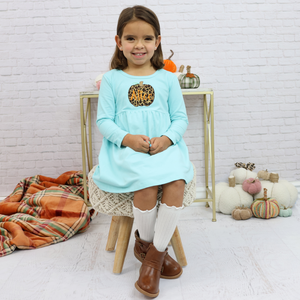 Personalized Girl's Fall Dress - Aqua w/ Leopard Print Applique Pumpkin