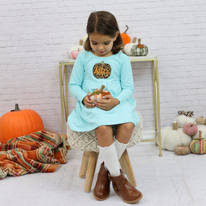 Personalized Girl's Fall Dress - Aqua w/ Leopard Print Applique Pumpkin