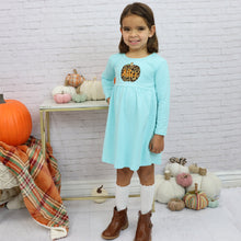 Personalized Girl's Fall Dress - Aqua w/ Leopard Print Applique Pumpkin