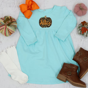 Personalized Girl's Fall Dress - Aqua w/ Leopard Print Applique Pumpkin