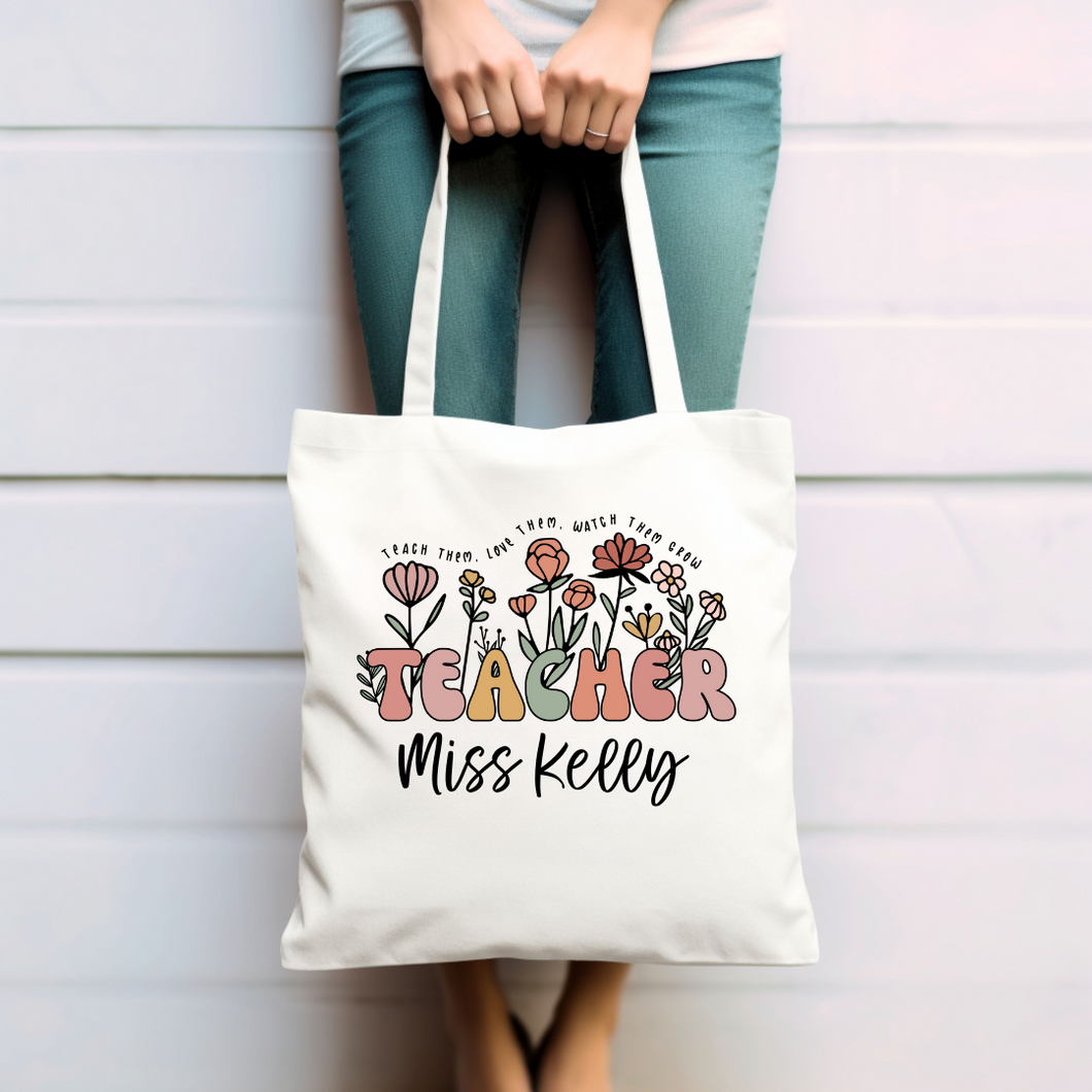 Personalized Teacher Tote Bag - Watch Them Grow - Wildflowers