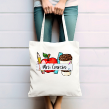 Personalized Teacher Tote Bag - Leopard Print Coffee and School Supplies