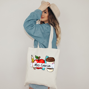 Personalized Teacher Tote Bag - Leopard Print Coffee and School Supplies