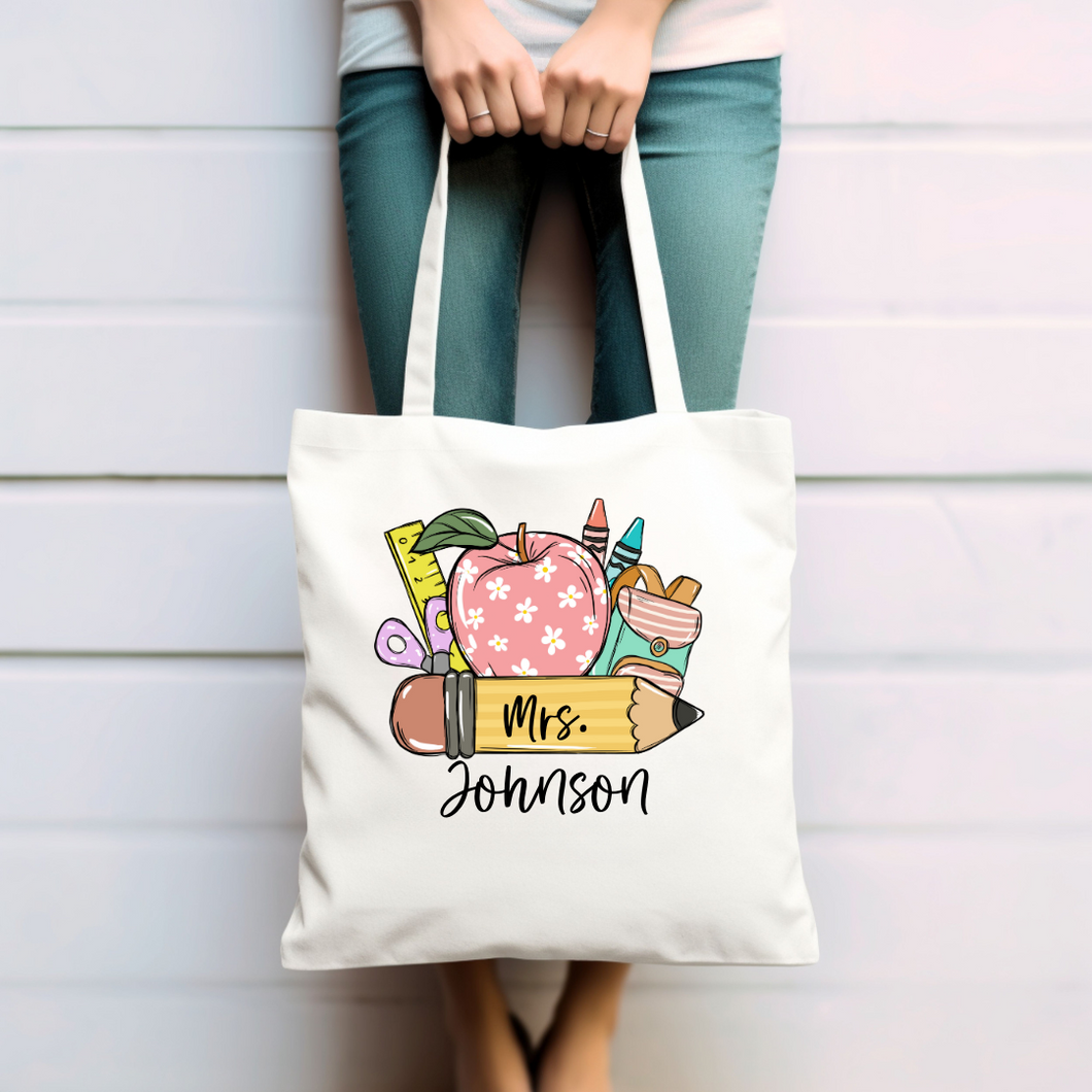 Personalized Teacher Tote Bag - Apple & School Supplies