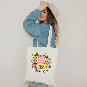 Personalized Teacher Tote Bag - Apple & School Supplies