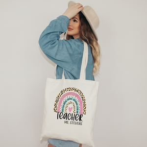 Personalized Teacher Tote Bag - Leopard Rainbow