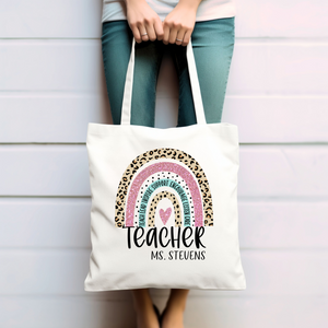 Personalized Teacher Tote Bag - Leopard Rainbow