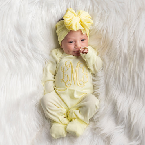 Monogrammed Baby Girl Outfit w/ Big Bow Headband - Yellow