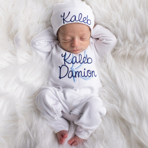Personalized  Baby Boy Outfit - White w/ Light Blue and Navy Thread