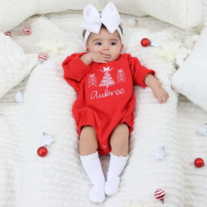 Personalized Baby Girl Christmas Outfit - Christmas Trees - Red