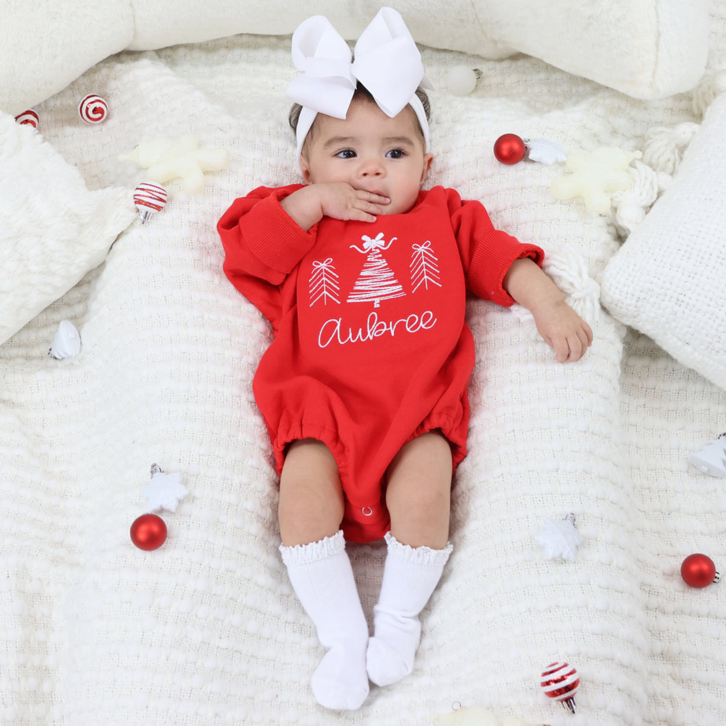 Personalized Baby Girl Christmas Outfit - Christmas Trees - Red