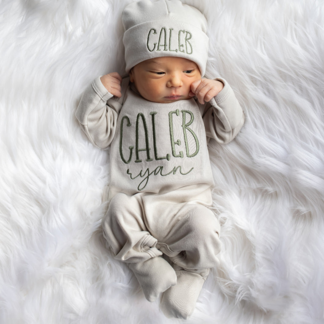 Personalized Baby Boy Outfit - Sandstone & Dark Sage