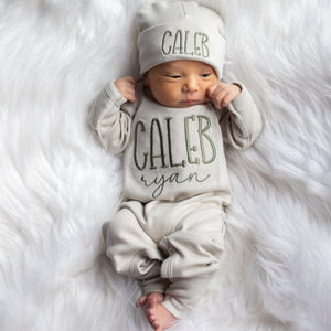 Personalized Baby Boy Outfit - Sandstone & Dark Sage