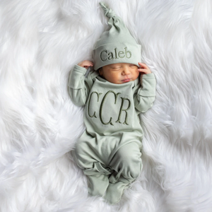Monogrammed Baby Boy Gift Set with Blanket and Knotted Hat - Light Sage