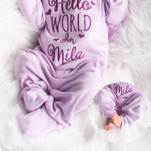Custom Hello World Baby Girl Outfit w/ Big Lace Headwrap - Lavender