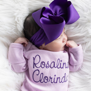 Custom Newborn Baby Girl Coming Home Outfit w/ Big Bow Headband - Lavender