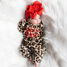Monogrammed Baby Girl Outfit w/ Big Bow Headband - Leopard Print