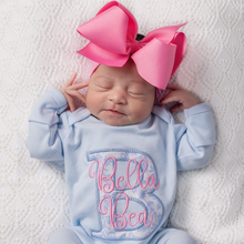 Baby Girl Coming Home Outfit w/ Big Bow Headband - Light Blue Chinoiserie