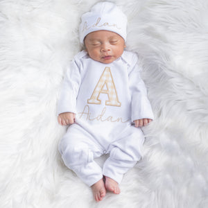 Custom  Baby Boy  Outfit - White and Tan Gingham