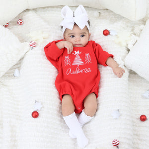 Personalized Baby Girl Christmas Outfit - Christmas Trees - Red