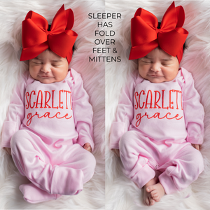 Personalized  Newborn Baby Girl Coming Home Outfit w/ Big Bow Headband - Pink