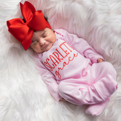 Newborn Baby Girl Coming Home Outfit w/ Big Bow Headband - Pink and Red