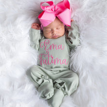 Personalized  Baby Girl Coming Home Outfit w/ Big Bow Headband - Light Sage