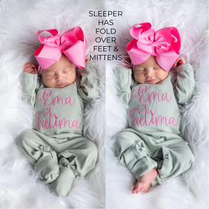 Personalized  Baby Girl Coming Home Outfit w/ Big Bow Headband - Light Sage