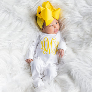 Monogrammed Baby Girl Outfit w/ Big Bow Headband - White w/ Yellow
