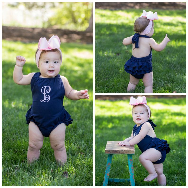 Personalized Navy Baby Girl Summer Romper NO HEADBAND- FREE SHIPPING