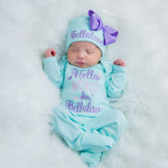 "Hello World" Newborn Girl Personalized Coming Home Hat & Romper Outfit
