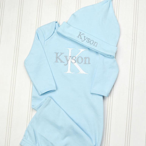 Light Blue Baby Boy Coming Home Gown with White Lettering