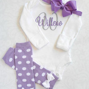 Personalized Custom Embroidered Bodysuit & Purple Polka Dot Leg Warmers