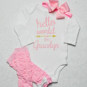 "Hello World" Newborn Baby Girl 3-Piece Set with Headband, Leg Warmers and Bodysuit