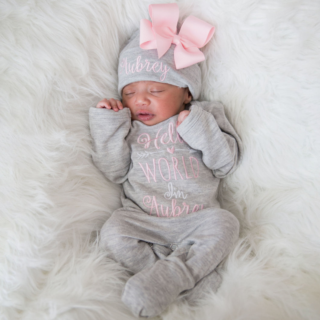 Personalized Hello World Baby Girl Outfit - Gray