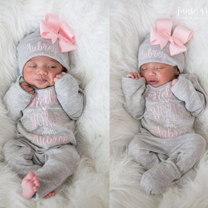 Personalized Hello World Baby Girl Outfit - Gray