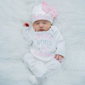 Personalized Hello World Romper and Matching Hat