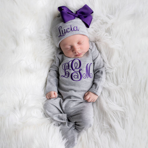 Monogrammed Baby Girl Gray and Purple Romper and Hat Set