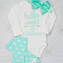"Hello World" Aqua and Gray Baby Girl Leg Warmer and Personalized Bodysuit Set