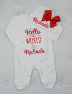 "Hello World" Baby Girl Sleeper & Hat With Bow
