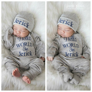 Personalized Baby Boy Hello World Outfit - Gray