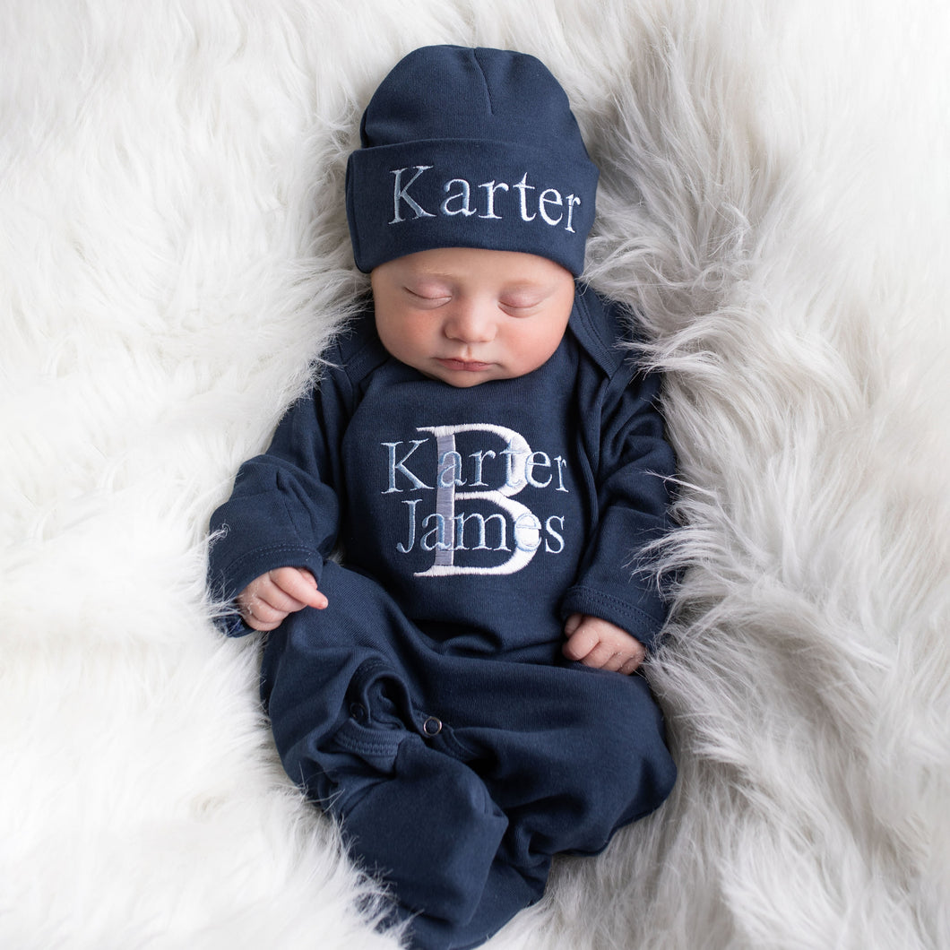 Monogrammed Baby Boy Outfit- Navy Blue Junie Grace Monogrammed Baby Boy Outfit- Navy Blue Junie Grace