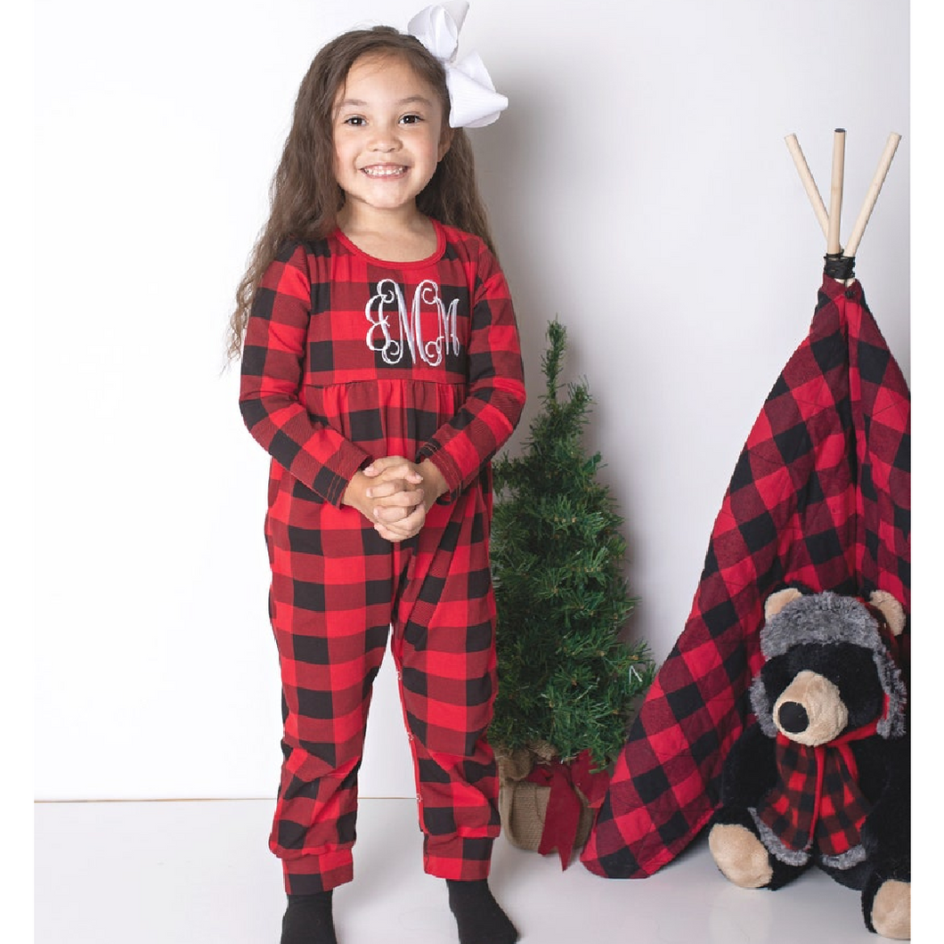 Girl's Red and Black Buffalo Plaid Personalized Christmas Pajamas