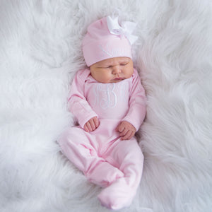 Newborn Girl Monogrammed Pink and White Hat & Sleeper Outfit