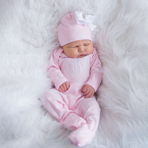 Newborn Girl Monogrammed Pink and White Hat & Sleeper Outfit Junie Grace Newborn Girl Monogrammed Pink and White Hat & Sleeper Outfit Junie Grace