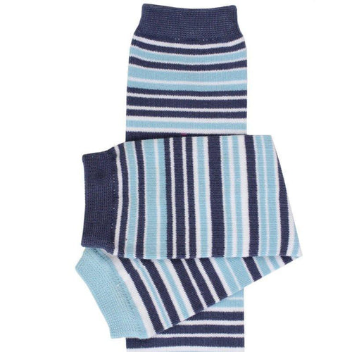multicolored striped leggings in shades of blue