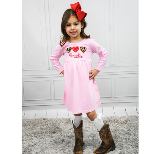 Girls Personalized Triple Heart Dress - Pink