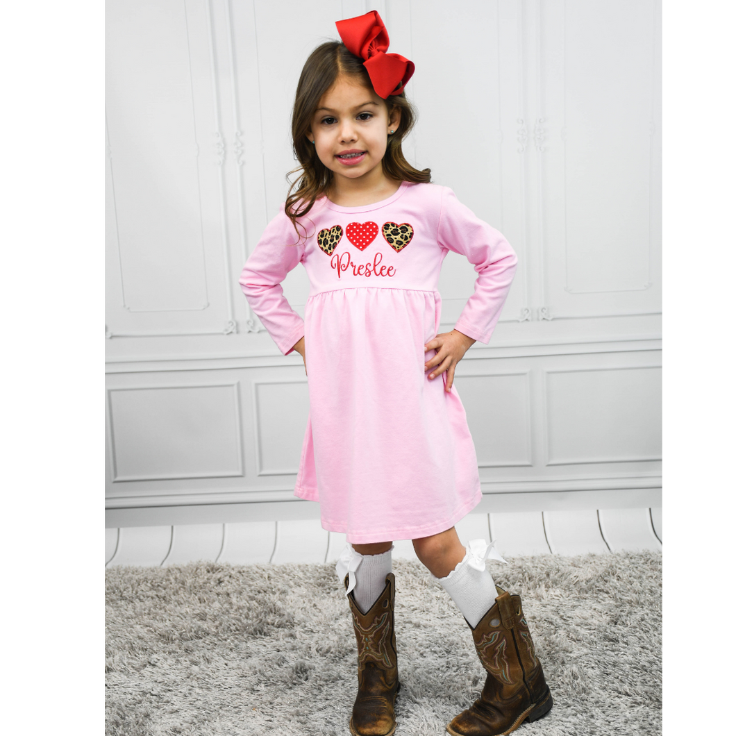 Girls Personalized Triple Heart Dress - Pink