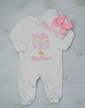 "Hello World" Bodysuit and Hat with Arrow Coming Home Outfit- Pink & Gold