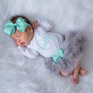 Gray and Aqua Baby Girl Tutu and Personalized Bodysuit